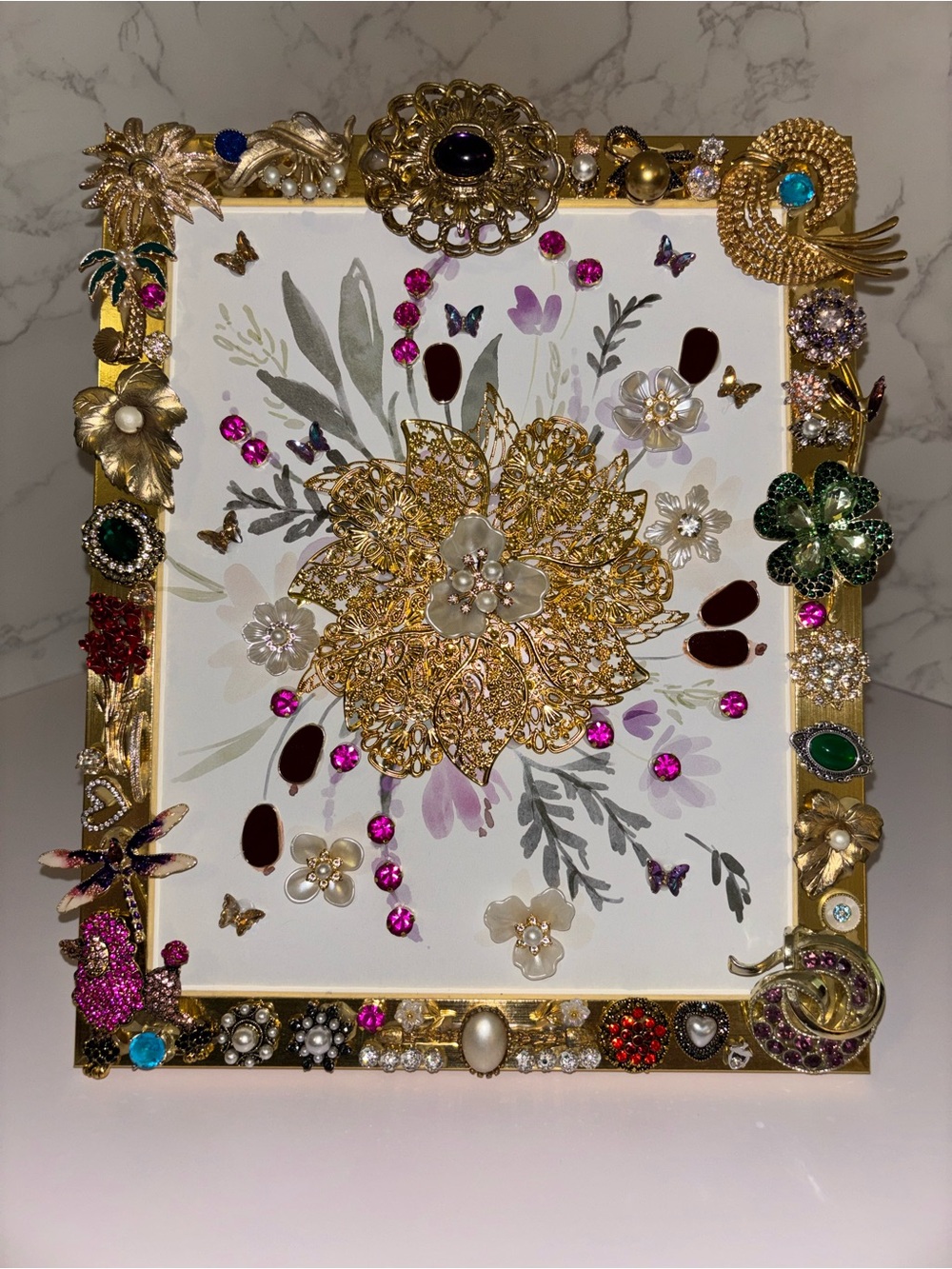 Embellished Gold Jeweled Picture Frame with Floral Center - 8x10